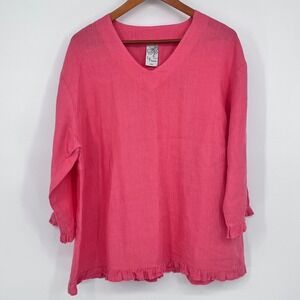 La Fixsun‎ Linen Tunic Top Pink Ruffle V Neck 3/4 Sleeve Lagenlook Resort